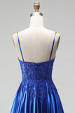 A-Line Royal Blue Appliques Satin Sequins Beaded Spaghetti Straps Long Prom Dress