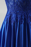 A-Line Royal Blue Appliques Satin Sequins Beaded Spaghetti Straps Long Prom Dress