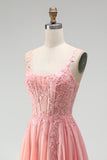 Pink Floral Appliques A-Line Corset Sheer Beaded Chiffon Long Ball Dress with Slit