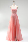 Pink Floral Appliques A-Line Corset Sheer Beaded Chiffon Long Ball Dress with Slit