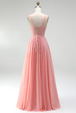 Pink Floral Appliques A-Line Corset Sheer Beaded Chiffon Long Ball Dress with Slit