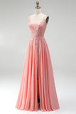 Pink Floral Appliques A-Line Corset Sheer Beaded Chiffon Long Ball Dress with Slit