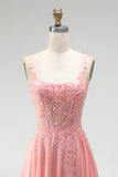 Pink Floral Appliques A-Line Corset Sheer Beaded Chiffon Long Ball Dress with Slit