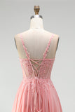 Pink Floral Appliques A-Line Corset Sheer Beaded Chiffon Long Ball Dress with Slit