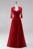 Red A-Line Embroidery Beaded Chiffon Spaghetti Straps Long Prom Dress with Bolero Jacket