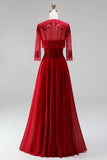 Red A-Line Embroidery Beaded Chiffon Spaghetti Straps Long Prom Dress with Bolero Jacket
