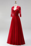Red A-Line Embroidery Beaded Chiffon Spaghetti Straps Long Prom Dress with Bolero Jacket