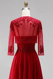 Red A-Line Embroidery Beaded Chiffon Spaghetti Straps Long Prom Dress with Bolero Jacket