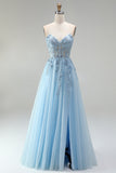 Sky Blue Corset Sheer Floral Appliques A-Line Sequins Strapless Long Ball Dress with Side Slit