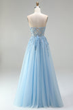 Sky Blue Corset Sheer Floral Appliques A-Line Sequins Strapless Long Ball Dress with Side Slit