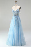 Sky Blue Corset Sheer Floral Appliques A-Line Sequins Strapless Long Ball Dress with Side Slit