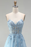 Sky Blue Corset Sheer Floral Appliques A-Line Sequins Strapless Long Ball Dress with Side Slit