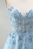 Sky Blue Corset Sheer Floral Appliques A-Line Sequins Strapless Long Ball Dress with Side Slit