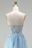 Sky Blue Corset Sheer Floral Appliques A-Line Sequins Strapless Long Ball Dress with Side Slit