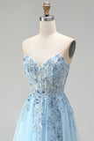 Sky Blue Corset Sheer Floral Appliques A-Line Sequins Strapless Long Ball Dress with Side Slit