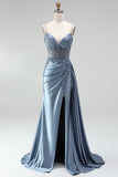 Grey Blue Mermaid Rhinestone Corset Sheer Ruched Long Ball Dress with Slit
