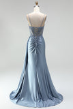 Grey Blue Mermaid Rhinestone Corset Sheer Ruched Long Ball Dress with Slit