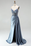 Grey Blue Mermaid Rhinestone Corset Sheer Ruched Long Ball Dress with Slit