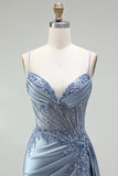 Grey Blue Mermaid Rhinestone Corset Sheer Ruched Long Ball Dress with Slit