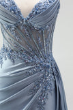 Grey Blue Mermaid Rhinestone Corset Sheer Ruched Long Ball Dress with Slit