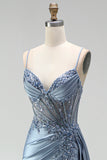 Grey Blue Mermaid Rhinestone Corset Sheer Ruched Long Ball Dress with Slit