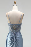 Grey Blue Mermaid Rhinestone Corset Sheer Ruched Long Ball Dress with Slit