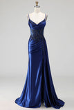 Royal Blue Cowl Neck Corset Sheer Floral Satin Ruched Sequins Long Ball Dress with Slit