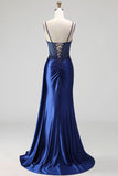 Royal Blue Cowl Neck Corset Sheer Floral Satin Ruched Sequins Long Ball Dress with Slit