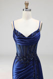 Royal Blue Cowl Neck Corset Sheer Floral Satin Ruched Sequins Long Ball Dress with Slit
