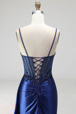 Royal Blue Cowl Neck Corset Sheer Floral Satin Ruched Sequins Long Ball Dress with Slit