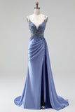 Dusty Blue Rhinestones Appliques Mermaid Satin V-Neck Ruched Sequins Long Prom Dress with Slit