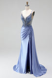 Dusty Blue Rhinestones Appliques Mermaid Satin V-Neck Ruched Sequins Long Prom Dress with Slit