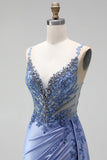 Dusty Blue Rhinestones Appliques Mermaid Satin V-Neck Ruched Sequins Long Prom Dress with Slit