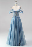 Glitter Dusty Blue Cold Shoulder A-Line Corset Sheer Sequins Long Ball Dress with Appliques
