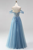 Glitter Dusty Blue Cold Shoulder A-Line Corset Sheer Sequins Long Ball Dress with Appliques