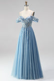 Glitter Dusty Blue Cold Shoulder A-Line Corset Sheer Sequins Long Ball Dress with Appliques