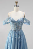 Glitter Dusty Blue Cold Shoulder A-Line Corset Sheer Sequins Long Ball Dress with Appliques