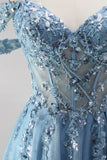 Glitter Dusty Blue Cold Shoulder A-Line Corset Sheer Sequins Long Ball Dress with Appliques
