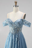 Glitter Dusty Blue Cold Shoulder A-Line Corset Sheer Sequins Long Ball Dress with Appliques