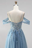 Glitter Dusty Blue Cold Shoulder A-Line Corset Sheer Sequins Long Ball Dress with Appliques