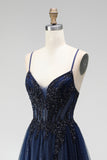 Glitter Navy A-Line Corset Tulle Sequins Appliques Spaghetti Straps Long Prom Dress