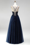 Glitter Navy A-Line Corset Tulle Sequins Appliques Spaghetti Straps Long Prom Dress