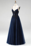 Glitter Navy A-Line Corset Tulle Sequins Appliques Spaghetti Straps Long Prom Dress