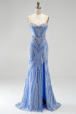 Blue Strapless Sequins Beaded Mermaid Long Ball Dress with Slit