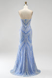 Blue Strapless Sequins Beaded Mermaid Long Ball Dress with Slit