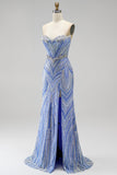 Blue Strapless Sequins Beaded Mermaid Long Ball Dress with Slit