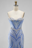 Blue Strapless Sequins Beaded Mermaid Long Ball Dress with Slit