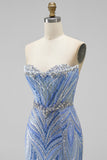 Blue Strapless Sequins Beaded Mermaid Long Ball Dress with Slit