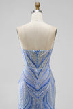 Blue Strapless Sequins Beaded Mermaid Long Ball Dress with Slit