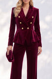 Burgundy Velvet Peak Lapel Peplum V-Neck 2 Piece Women Suits